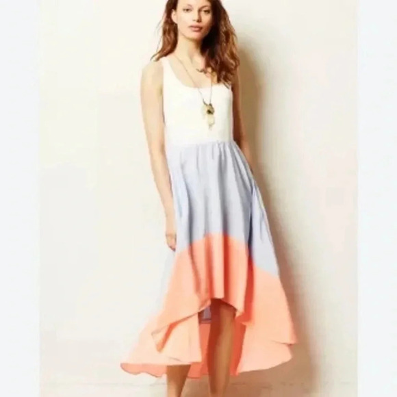 Anthropologie Hutch Blue Coral Color Block High Low Midi Dress Size Med Petite - Picture 1 of 6